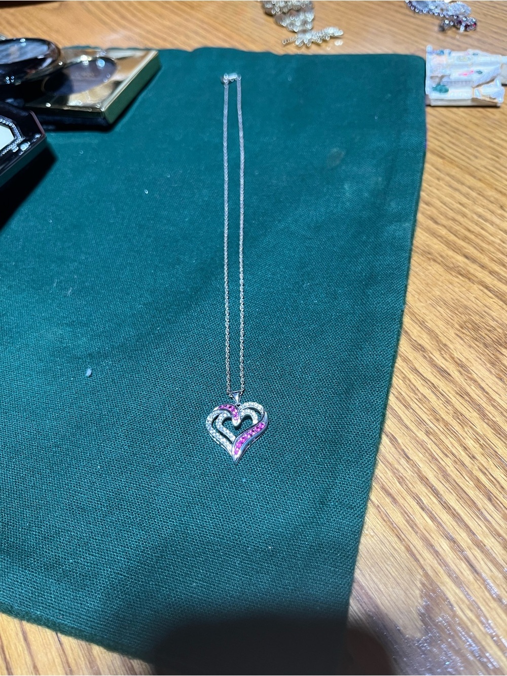 Silver Heart Pendant Necklace with Pink Accents- Marked 925